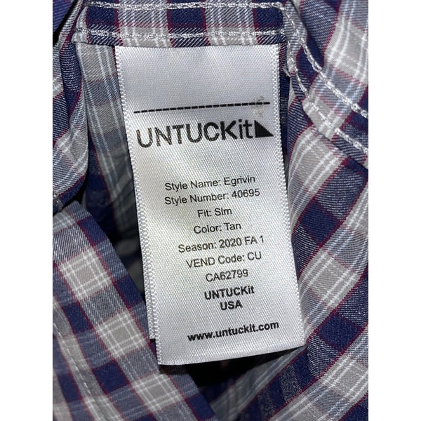 UNTUCKit Egrivin Slim Fit Long Sleeve Check Shirt Size L Navy Tan Plaid