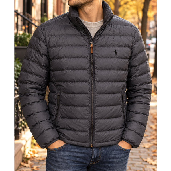 Polo Ralph Lauren Down Puffer Jacket Packable Full Zip Men's M Grey 90% Down