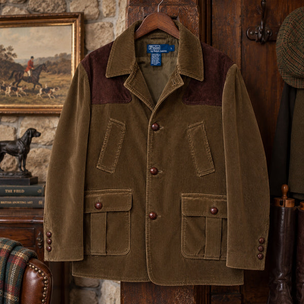 Polo Ralph Lauren Corduroy Norfolk Shooting Jacket Leather Suede Sz L Rare