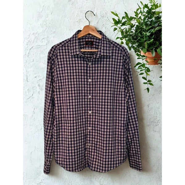 UNTUCKit Egrivin Slim Fit Long Sleeve Check Shirt Size L Navy Tan Plaid