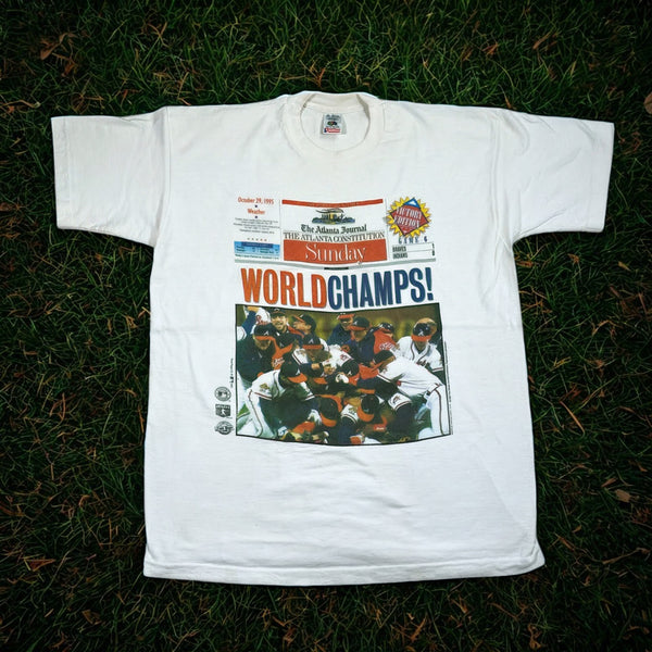 Atlanta Braves Newspaper Print 1995 World Champs Single Stitch Adult XL Vintage