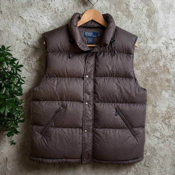 Polo Ralph Lauren Hooded Down Puffer Vest Brown Quilted Vintage Men's Medium