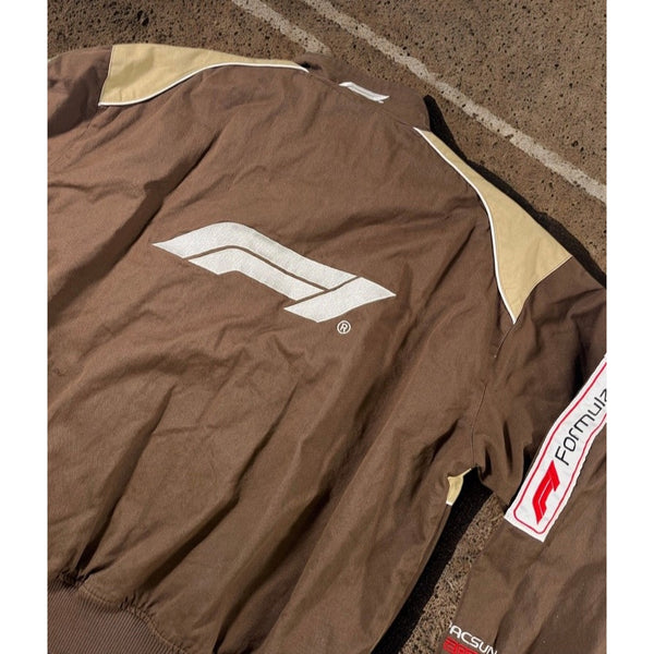 PacSun Formula 1 F1 Racing Bomber Jacket Brown Tan Full Zip Men’s Large