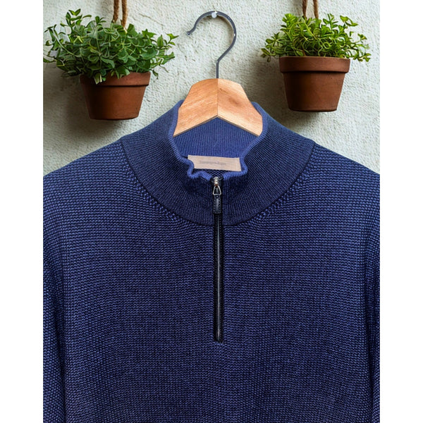 Ermenegildo Zegna Cashmere 1/4 Zip Sweater Navy Blue L 52 Made in Italy (Flaw)