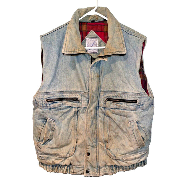 Vtg 90s Streetwear Mens L Distressed Flannel Lined Acid Wash Denim Vest Jacket