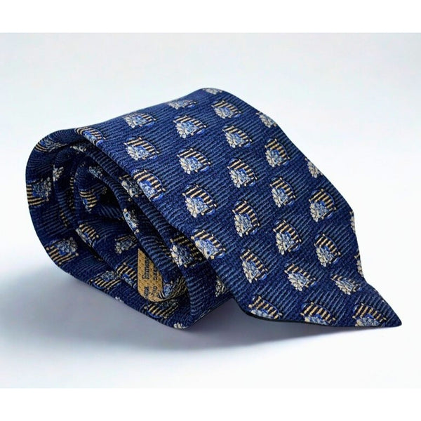 Ermenegildo Zegna 100% Silk Tie Navy Blue Diamond Medallion Italy Luxury