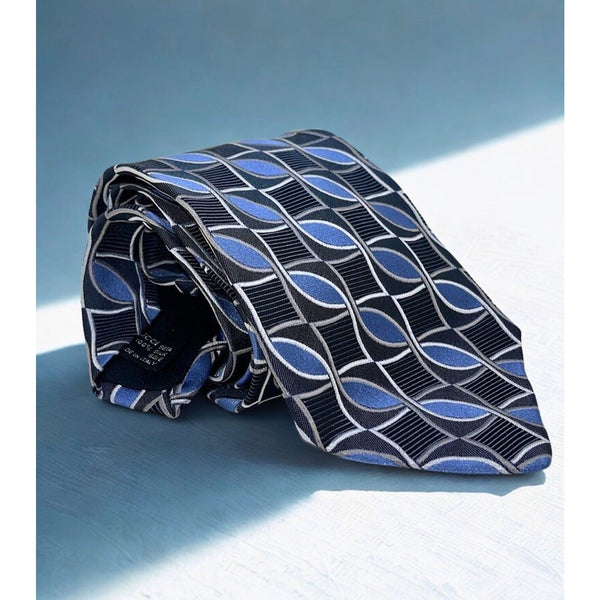Gucci Geometric Silk Tie Blue Black Gray 100% Silk Made in Italy