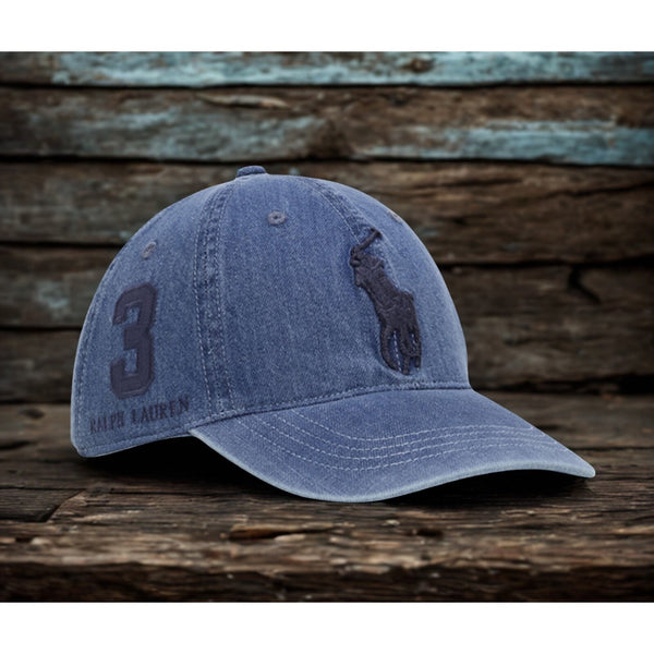 Polo Ralph Lauren Classic Chino Sport Cap Blue Raised Pony Leather Strap EUC