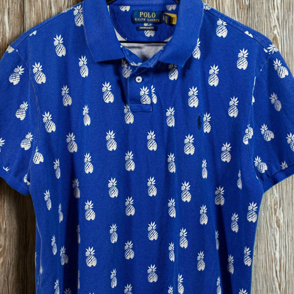 Polo Ralph Lauren Pineapple Polo Shirt XL Blue White Custom Slim Fit Tropical