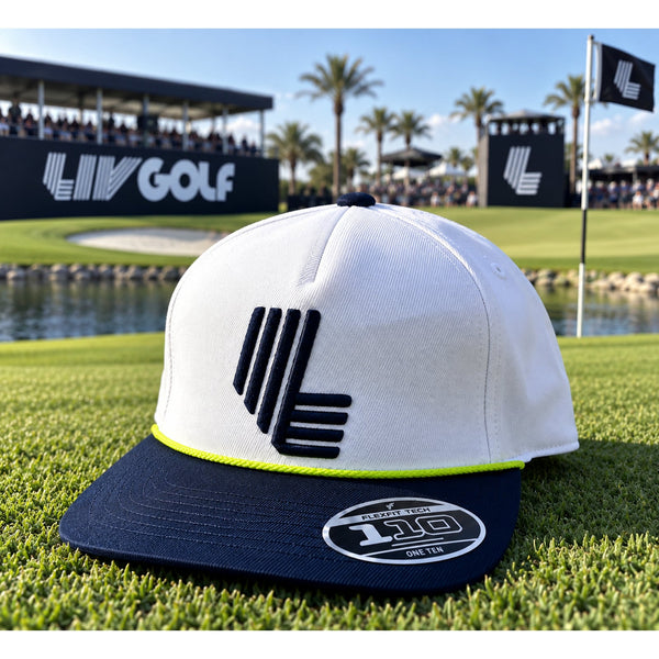 LIV Golf Flexfit 110 Rope Snapback Hat White Navy Adjustable Yupoong