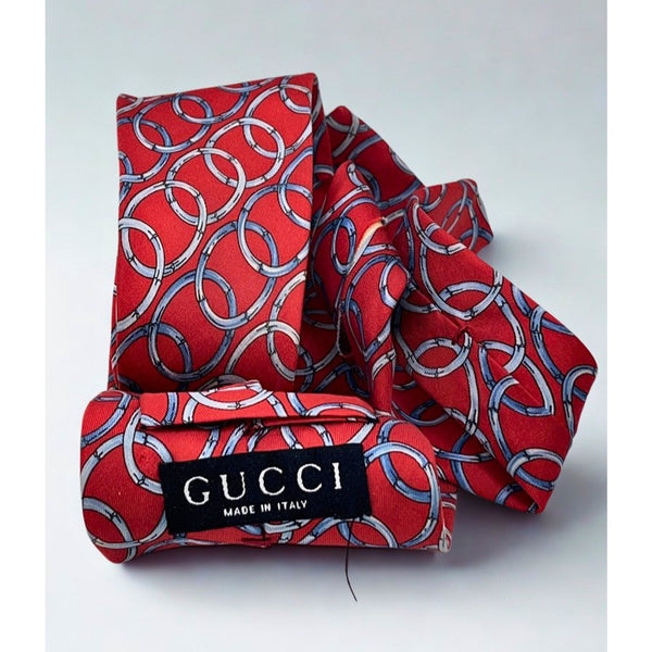 Gucci Silk Tie Red Equestrian Horsebit Geometric Made in Italy Luxury Classic