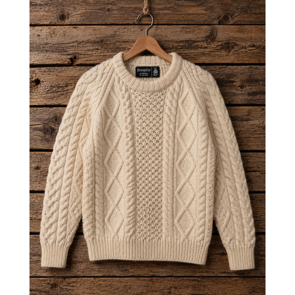 Standun Aran Irish Wool Fisherman Cable Knit Sweater Men's S Cream Handmade