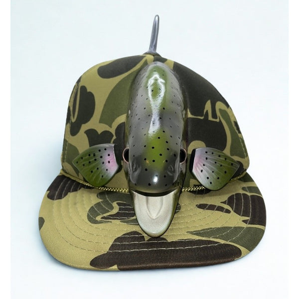 Angler's Expressions 3D Trout Fish Snapback Camo Trucker Hat 1989 VTG Vintage