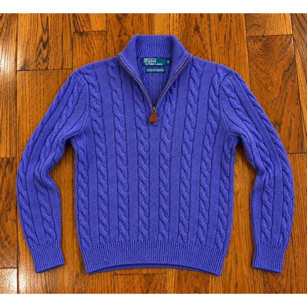 Polo Ralph Lauren Purple Silk Cashmere Cable Knit 1/4 Zip Sweater Sz. M Vintage
