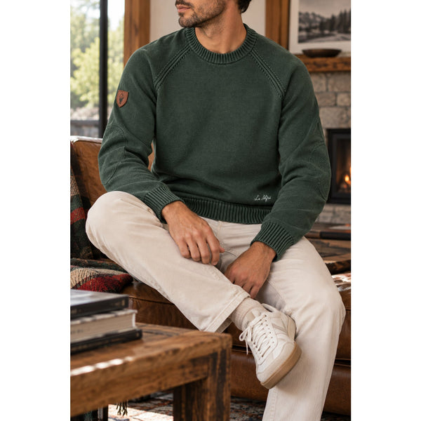 Le Alfré Crewneck Sweater Men's XL Hunter Green Cotton Elbow Patch Made Portugal