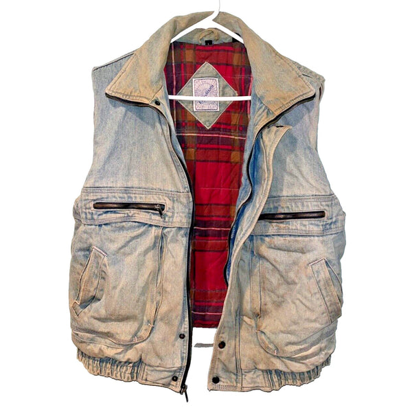 Vtg 90s Streetwear Mens L Distressed Flannel Lined Acid Wash Denim Vest Jacket
