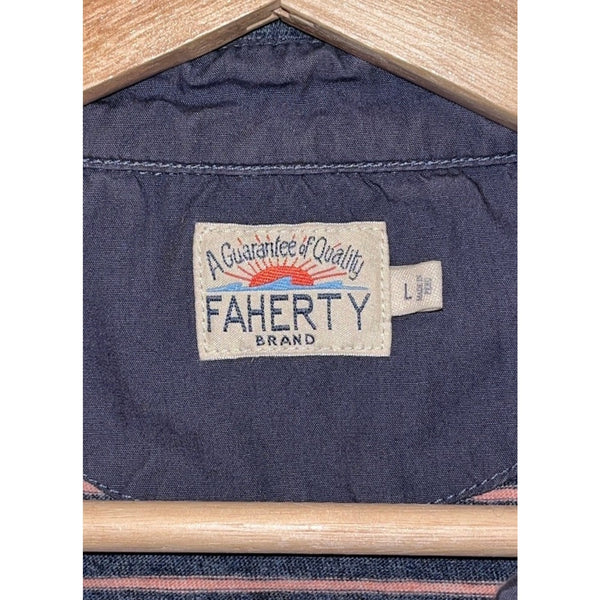 Faherty Movement Long Sleeve Polo Shirt Sz. L Navy Pink Stripe Cotton Stretch