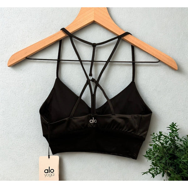 Alo Yoga Lavish Strappy Sports Bra Black Glossy Mesh XS NWT