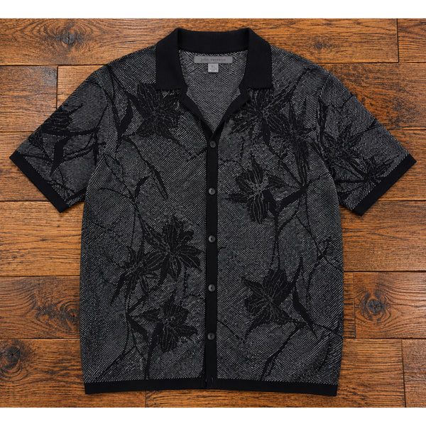 John Varvatos Simon Floral Jacquard Camp Collar Knit Shirt XL NWT $268 Black