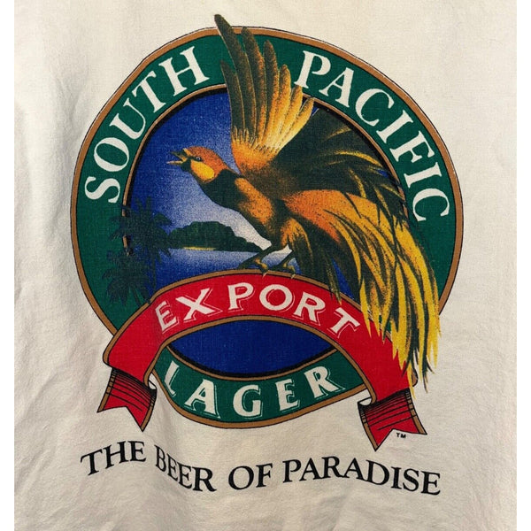 South Pacific Lager Beer T Shirt Sz. XL White Graphic Tee Crazy Shirt Vintage