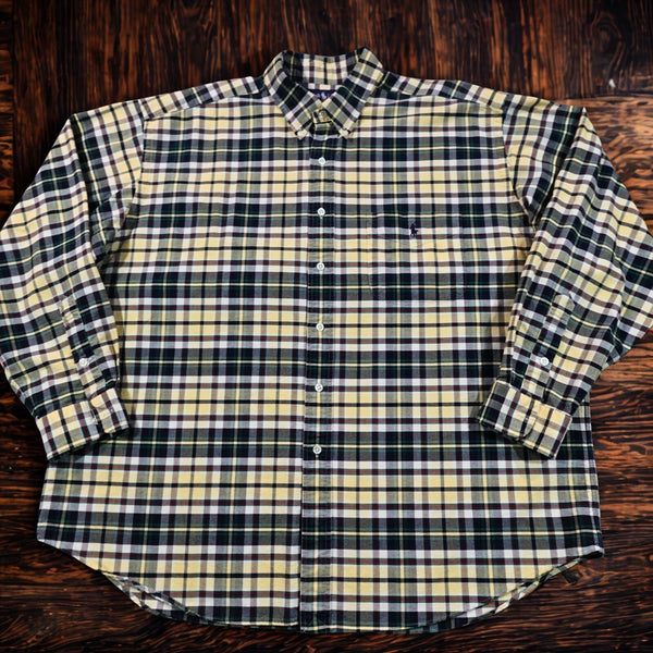 Polo Ralph Lauren Big Shirt Men XL Yellow Blue Plaid Button Down Blue Pony VNTG