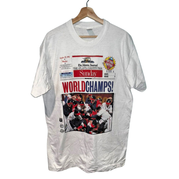 Atlanta Braves Newspaper Print 1995 World Champs Single Stitch Adult XL Vintage