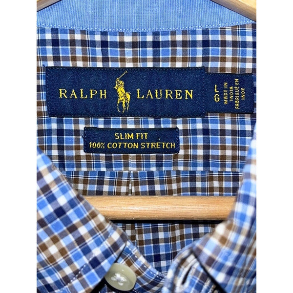 Polo Ralph Lauren Shirt L Slim Fit Check 100% Cotton Stretch Pony Logo