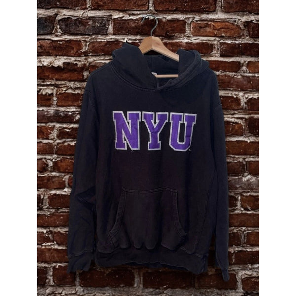 NYU Hoodie MV Sport Pro Weave Sunfaded Black Purple Spellout Size L Y2K