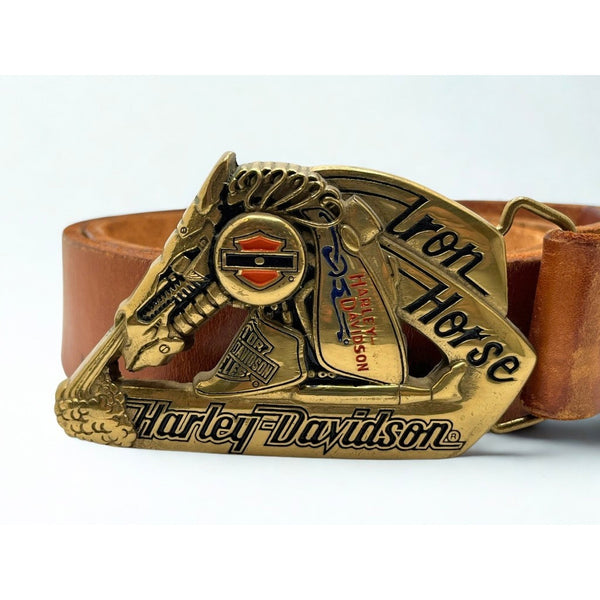 Harley Davidson Iron Horse Brass Belt Buckle Belt 1992 Baron Vintage Leather