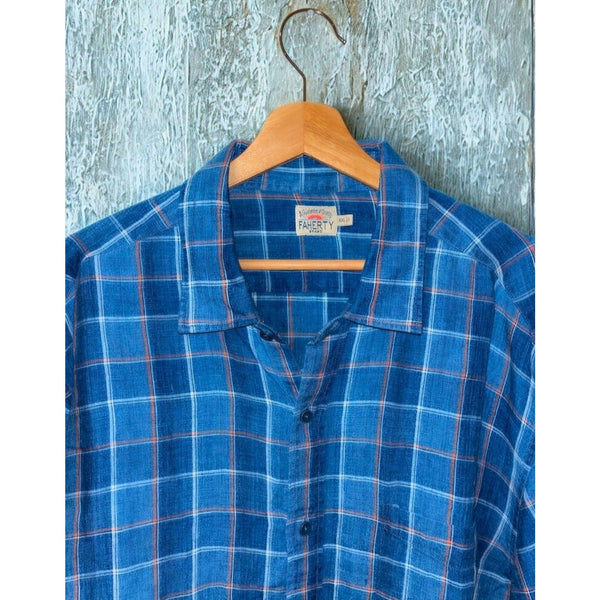 Faherty Brand Mens 2XL 100% Linen Indigo Blue Plaid Button Down Beach Shirt