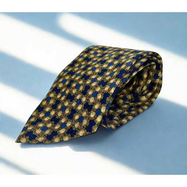 Valentino Cravatte Vintage Silk Tie Blue Gold Medallion Pattern Made in Italy EUC
