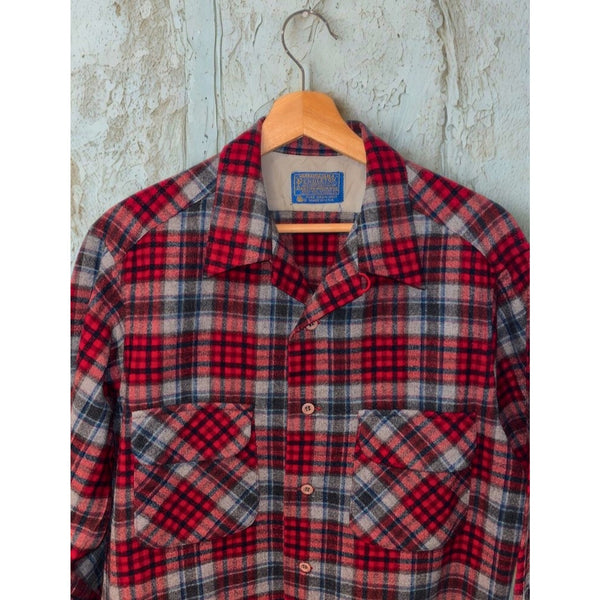 Pendleton Board Shirt Jacket Men's L Red Plaid Virgin Wool USA Loop Camp Collar