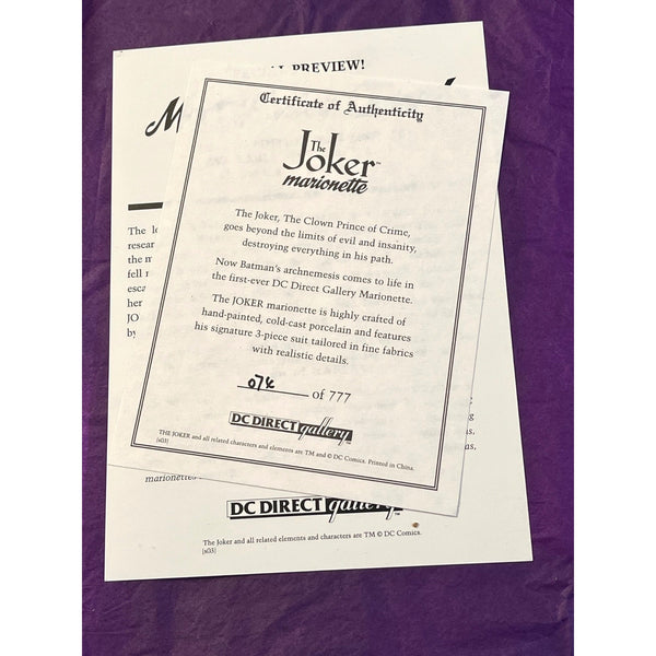 The Joker Marionette 074/777 DC Direct Gallery 2003 Limited Edition Puppet NIB