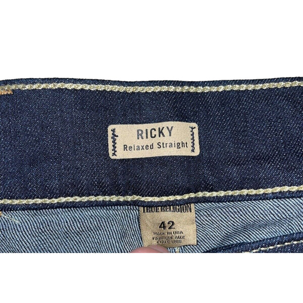 True Religion Ricky Straight Jeans Wanted Man Dark Wash Mens 42x34 Stretch USA