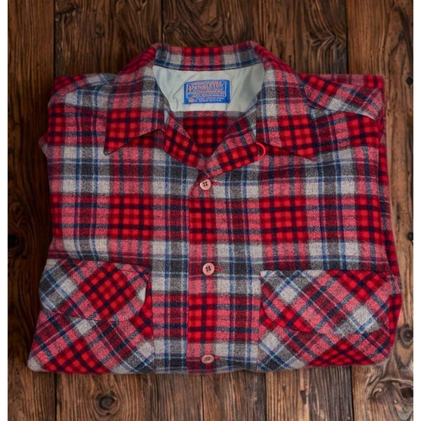Pendleton Board Shirt Jacket Men's L Red Plaid Virgin Wool USA Loop Camp Collar