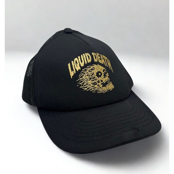 Liquid Death Black Mesh Trucker Snapback Gold Skull Logo NWOT