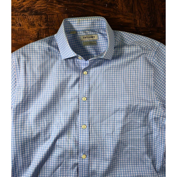 Twillory Dress Shirt Mens 16.5 32/33 Blue Pink Check Non Iron Tailored Fit