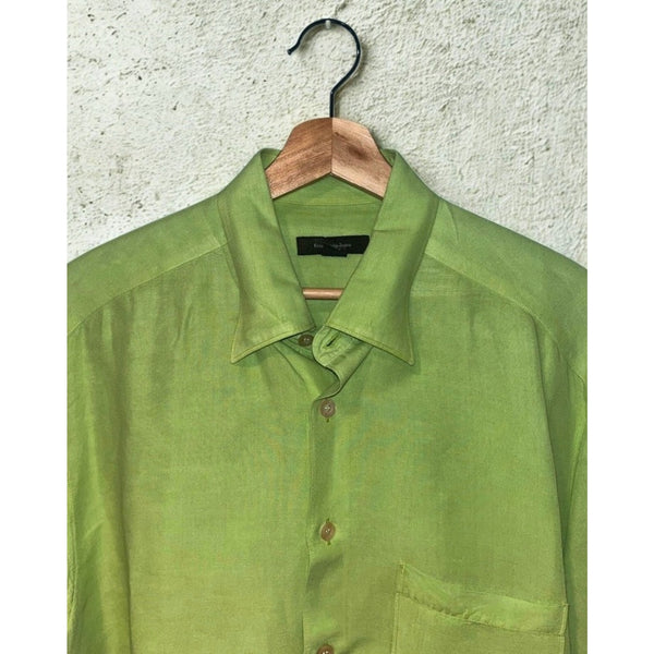 Ermenegildo Zegna Linen Blend Shirt Mens L Green Italy Camp Button Pocket Luxury