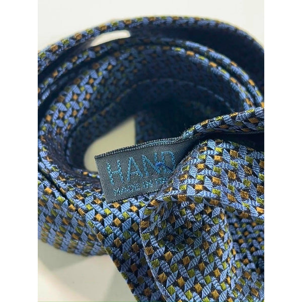 Fendi Roma Silk Tie Handmade Italy Blue Gold Geometric Pattern Luxury Designer