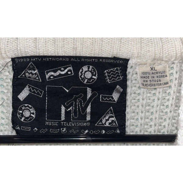 MTV Sweater Cable Knit 1989 Music Grunge Vintage White Sz. XL