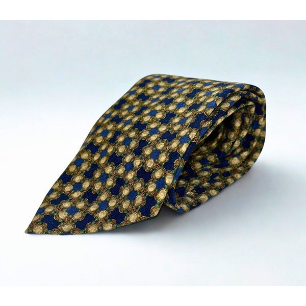 Valentino Cravatte Vintage Silk Tie Blue Gold Medallion Pattern Made in Italy EUC