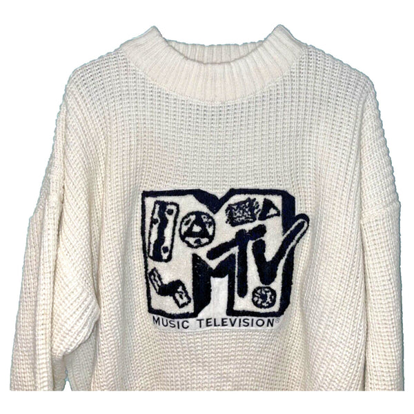 MTV Sweater Cable Knit 1989 Music Grunge Vintage White Sz. XL