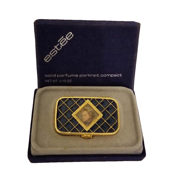 Estee Lauder Cobalt Blue Enamel Portrait Solid Perfume Compact NIB VTG