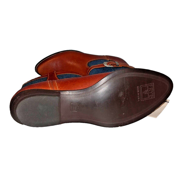 Frye Cowboy Boots Denim Brown Leather Silver Buckles Vintage Sz 8 RARE Deadstock