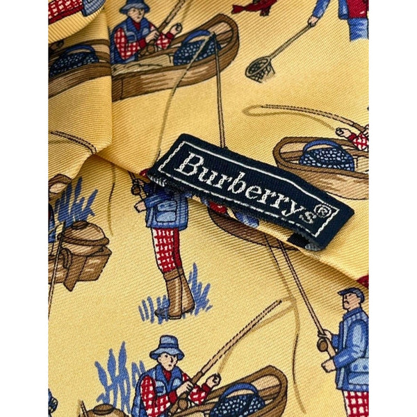 Burberry Silk Tie Fishing Fly Fisherman Scene Yellow Made In Italy Luxury