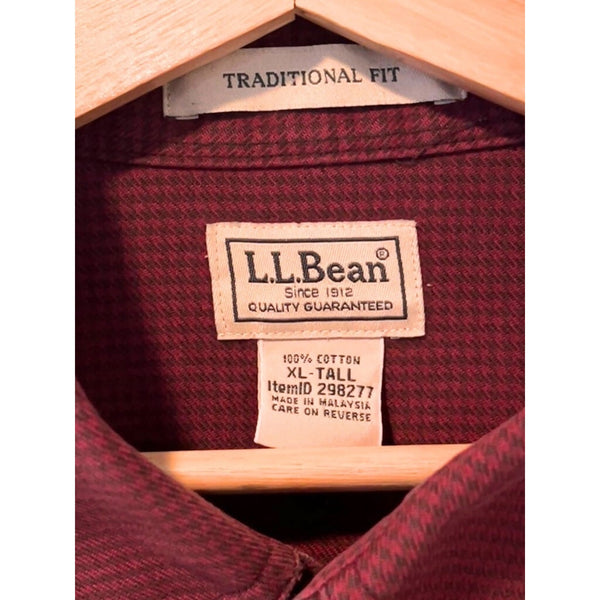 LL Bean Flannel Shirt Mens XL Tall Burgundy Red Houndstooth Button Down Pocket