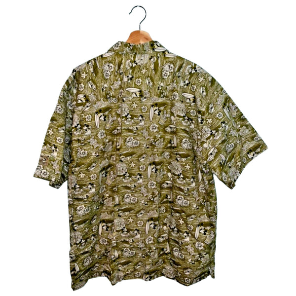 Walt Disney World Hawaiian Camp Shirt Mickey Donald Surfing Floral Tiki Mens L