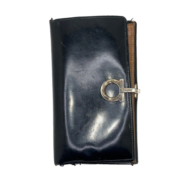 Salvatore Ferragamo Gancini Wallet Black Leather Silver Hardware Italy