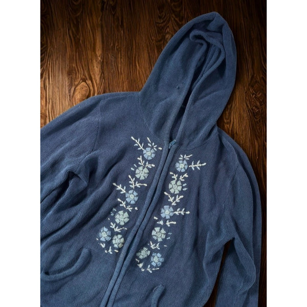 Prana Womens Embroidered Floral Full Zip Hoodie Blue Size L Boho Vintage Y2K