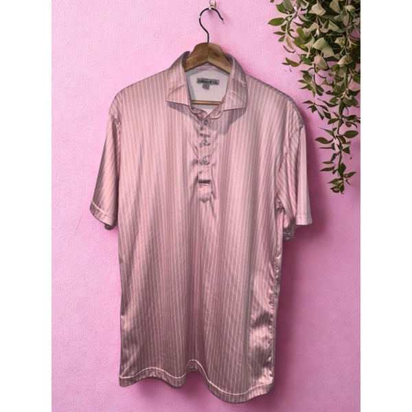 Collars & Co L Pink Stripe Performance Polo Dress Collar Golf Shirt EUC
